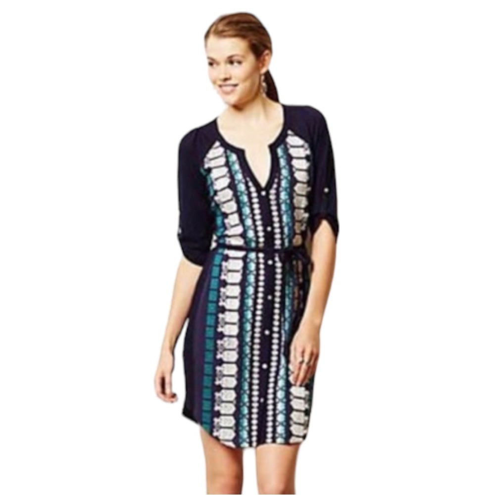 Anthropologie Tiny navy embroidered shirt dress top tunic, Sz XS